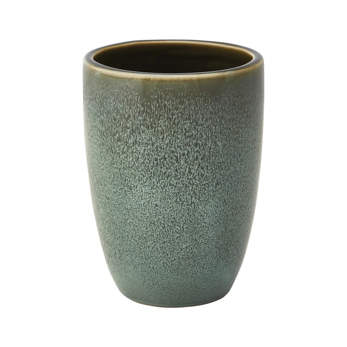Green ceramic cup with a textured surface on a white background
