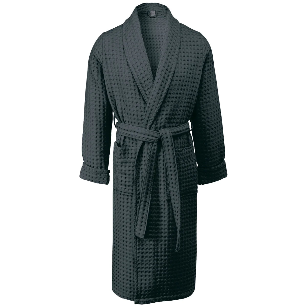 Dark gray waffle-textured robe on a white background