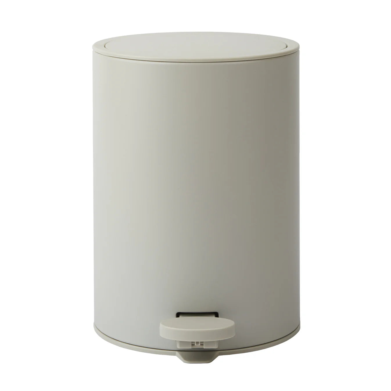 White cylindrical trash bin with a foot pedal on a white background