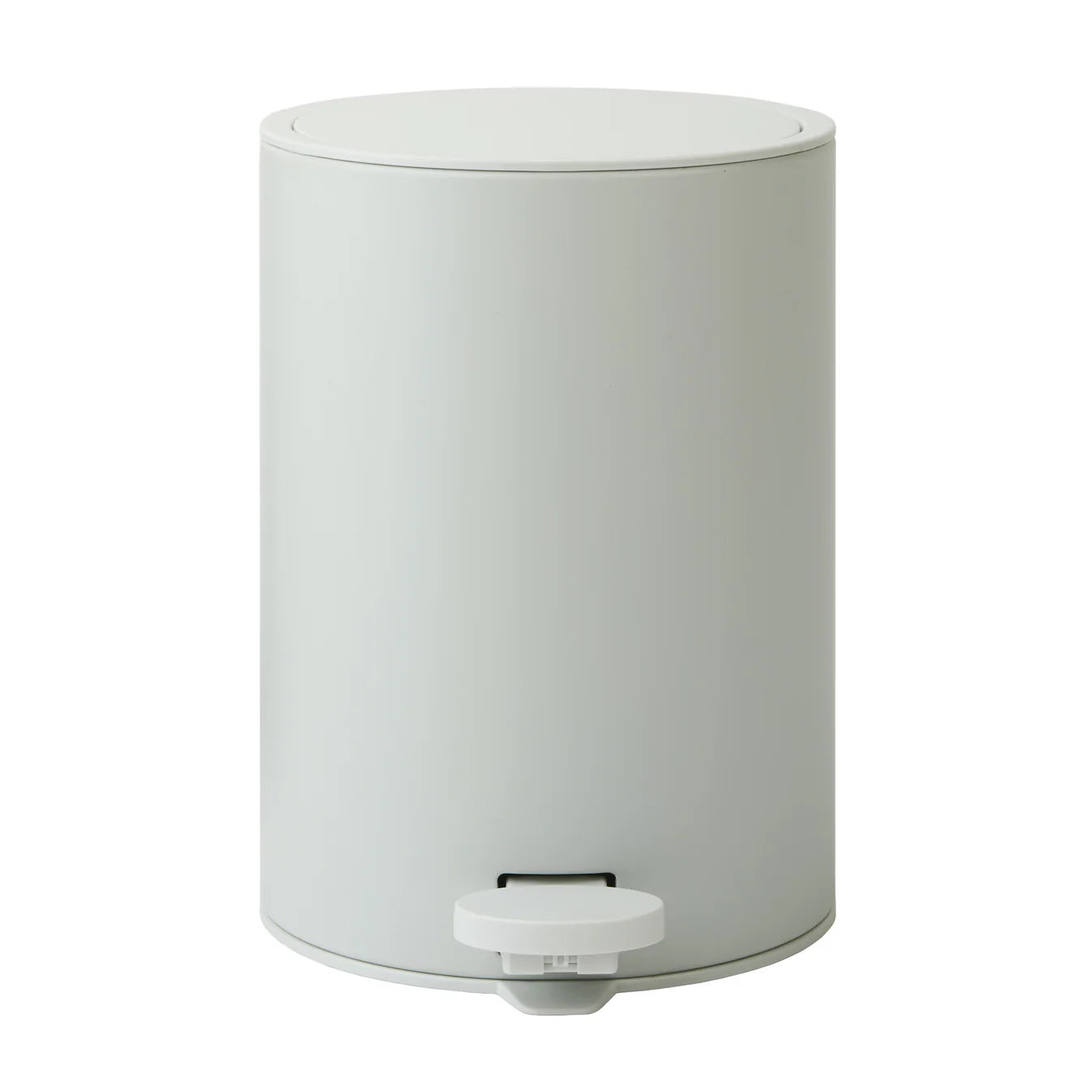 White cylindrical trash bin with a foot pedal on a white background