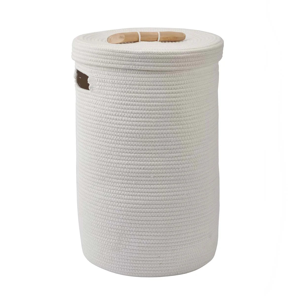 White woven basket with wooden handle on a white background