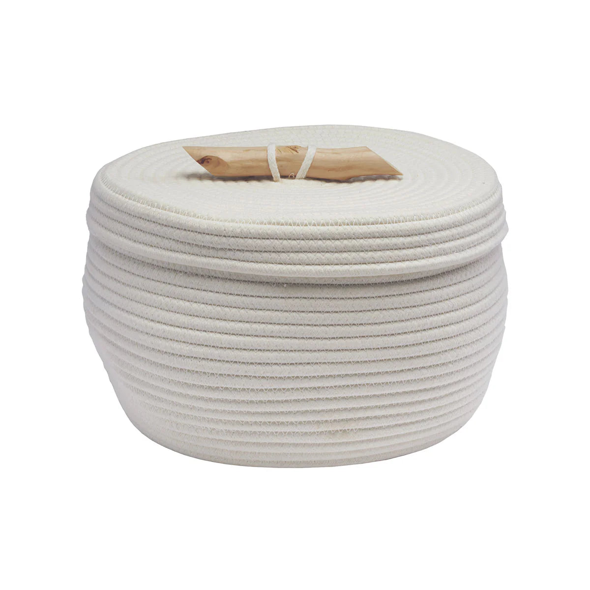 White woven ottoman with a wooden handle on a white background