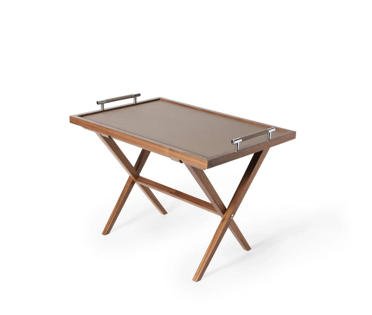 Wooden tray table with a brown tray on a white background