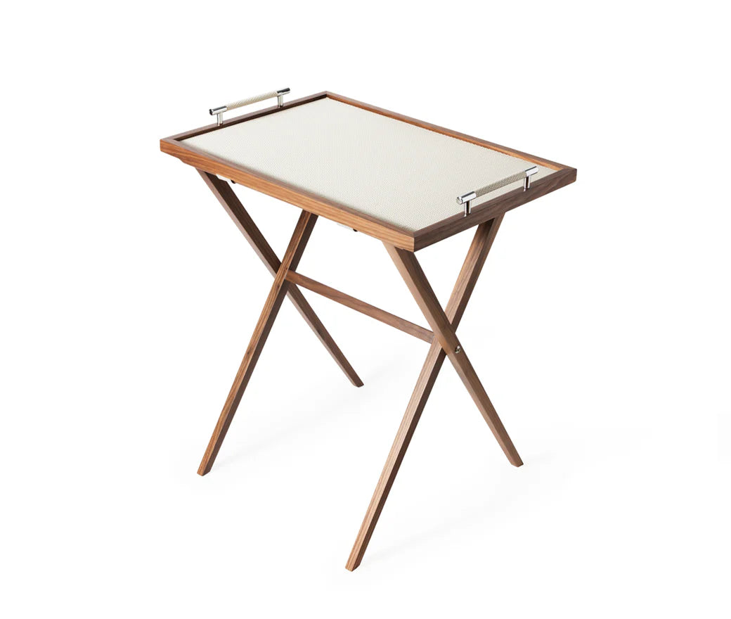 Wooden tray table with a white surface on a white background
