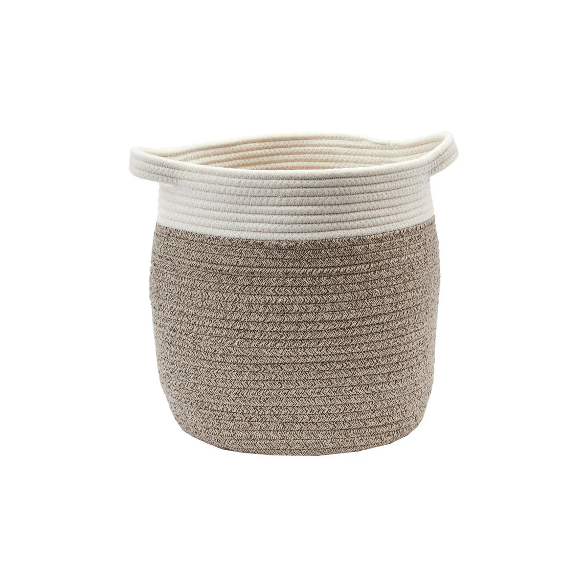 Woven basket with beige bottom and white top on a white background