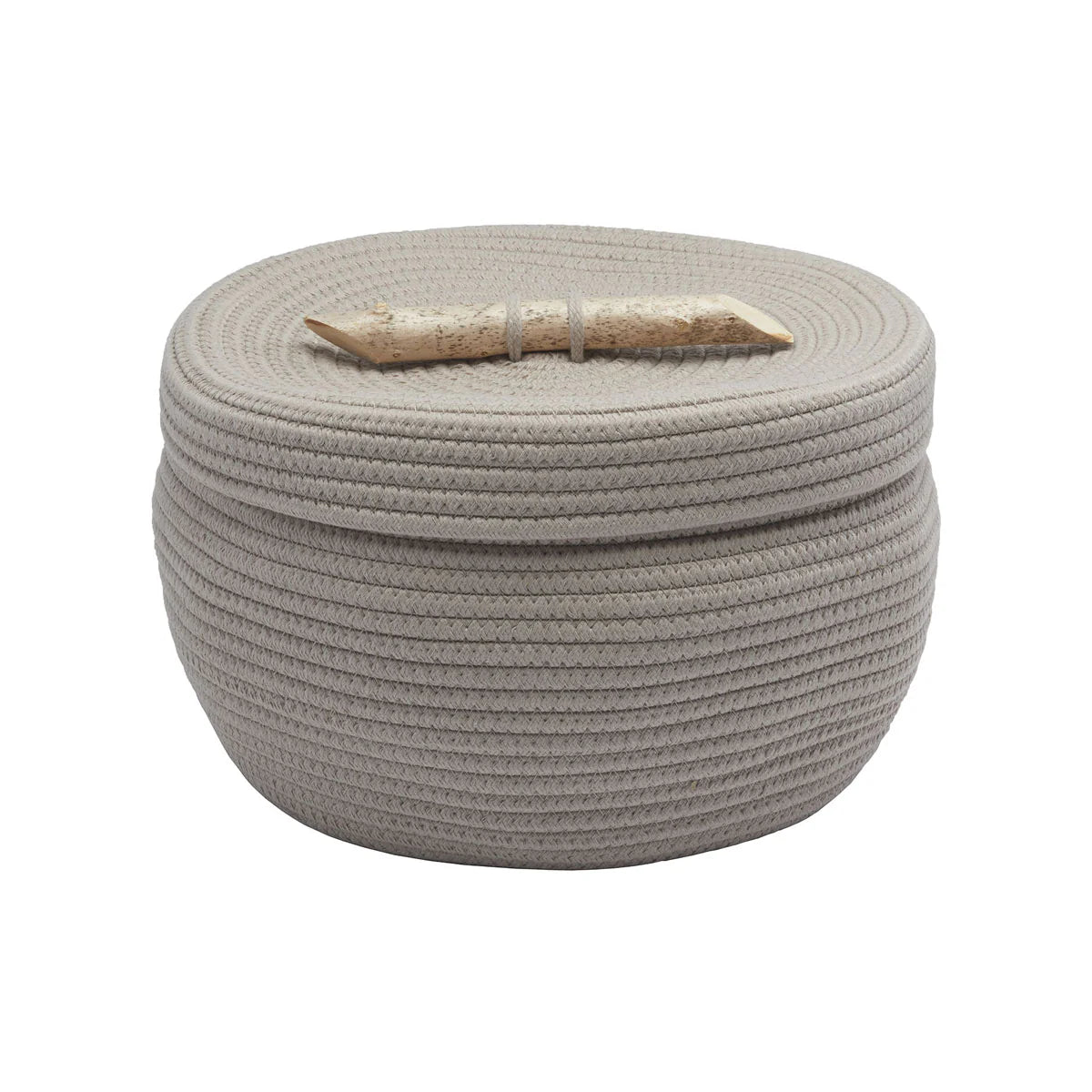 Woven ottoman with a wooden tool on a white background