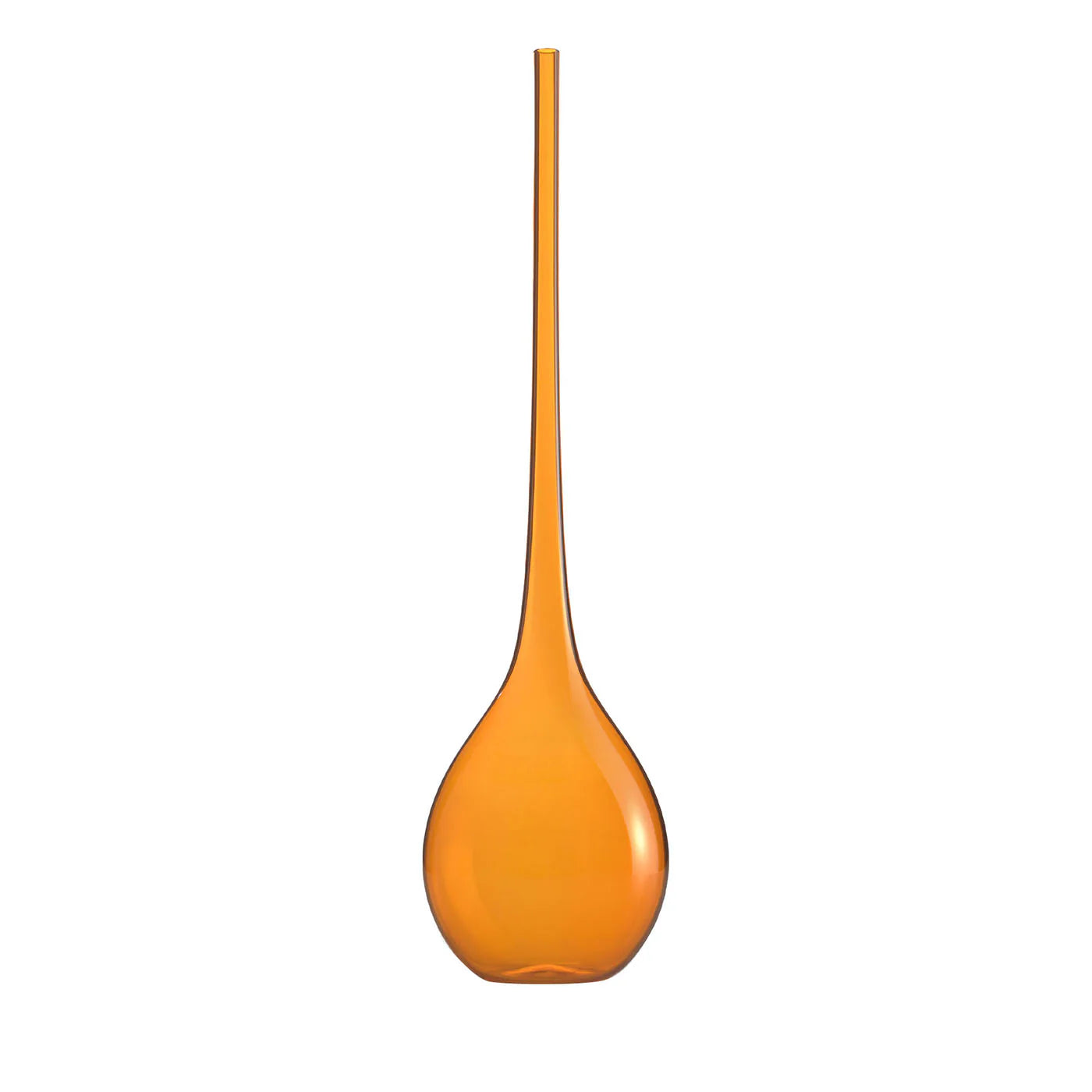 A long-necked, orange-colored Murano glass vase with a tapered shape.