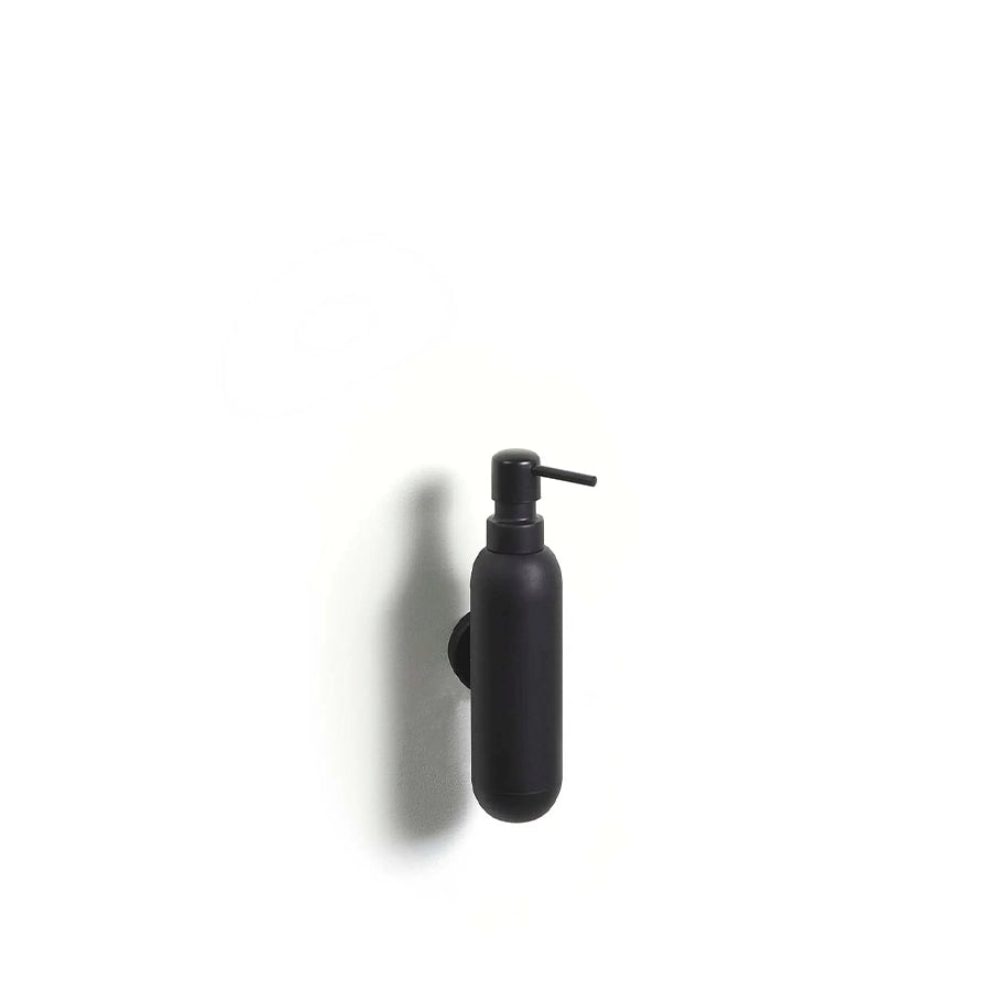 Black wall-mounted soap dispenser on a white background