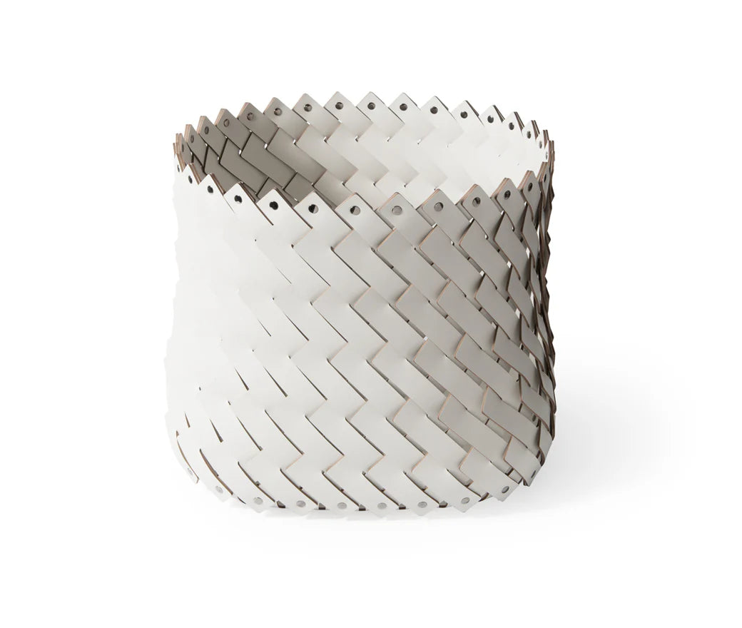 A square-shaped, hand-woven basket made of eco-friendly leather, with a geometric pattern, suitable for indoor or outdoor use.