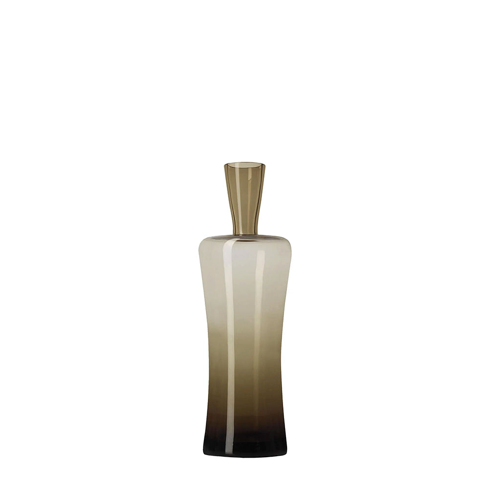 A gray, mouth-blown glass decorative bottle with a slender neck and a slightly convex and concave silhouette.