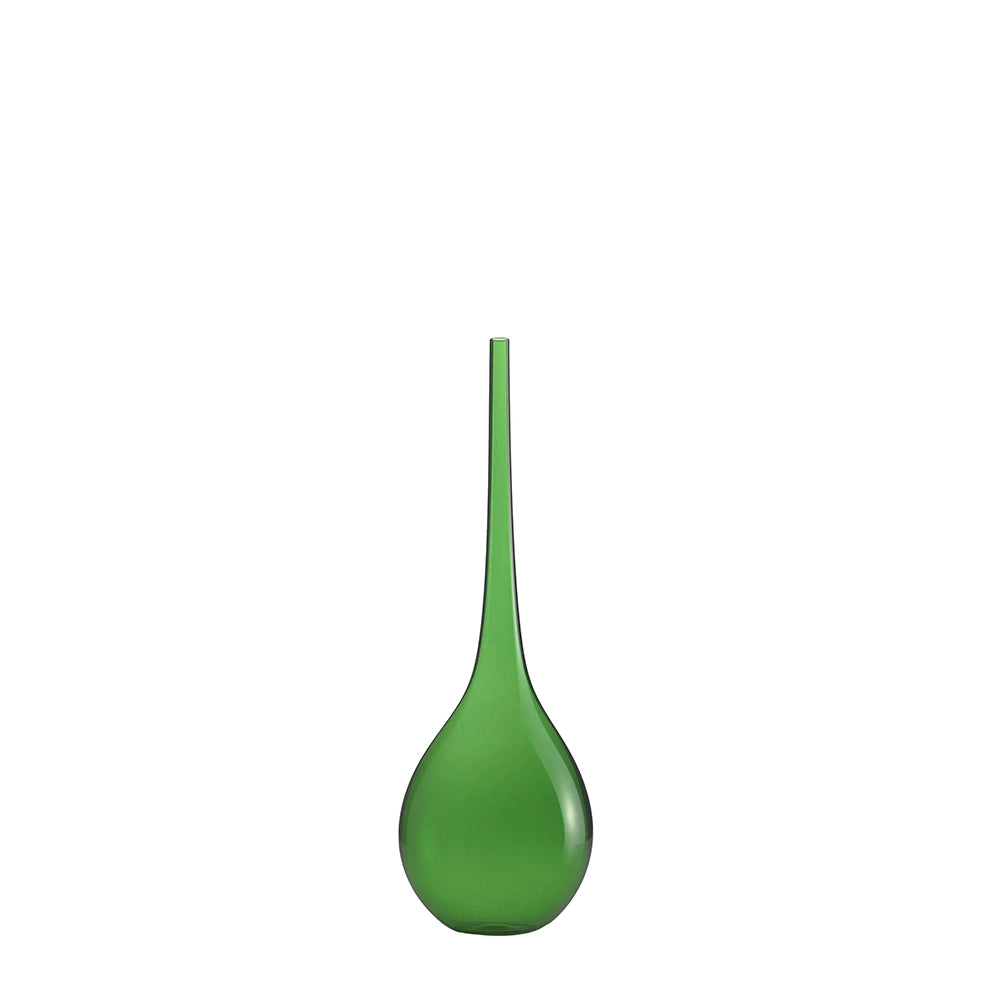 A pine-green, drop-shaped Murano glass vase with a long, tapered neck.
