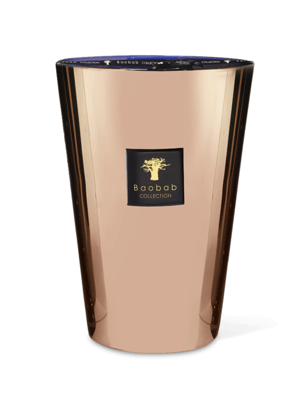 A copper alloy scented candle with a mirroring effect on the lid, featuring the Baobab Collection logo.