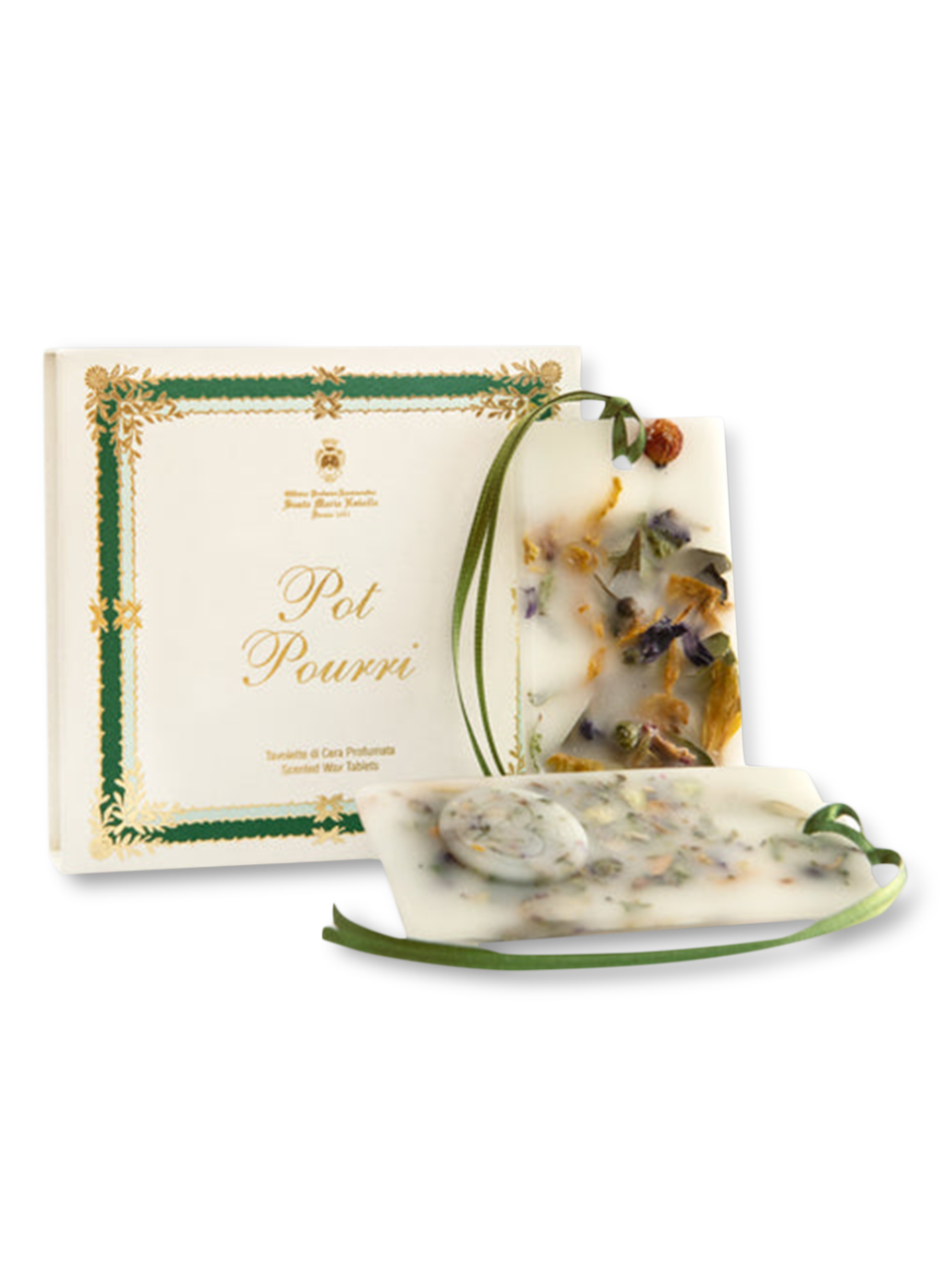 A package of Pot Pourri scented wax tablets, featuring a mix of natural and floral elements, presented in a clear container with green decorative accents and a gold label.
