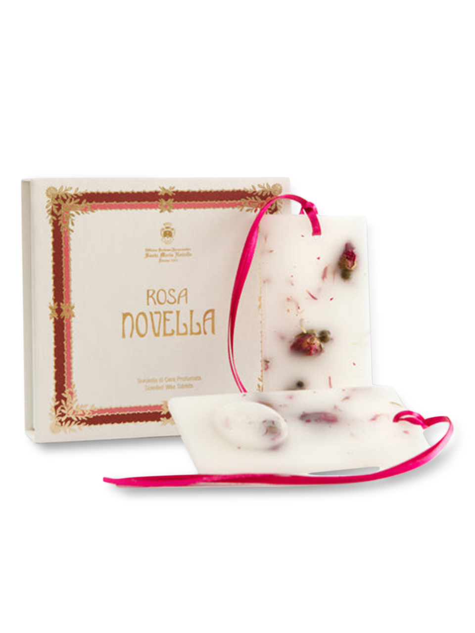 A package of Santa Maria Novella Rosa Novella scented wax tablets, with the product name displayed on the box, adorned with a pink ribbon and rose bud embellishments.