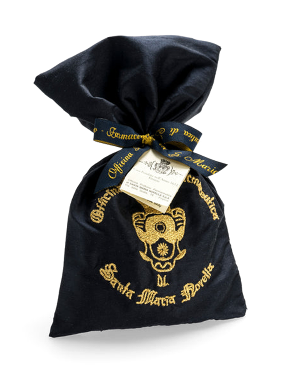 A black silk pot pourri bag with gold embroidery, sealed with a ribbon, featuring the Santa Maria Novella brand logo and some decorative floral motifs.