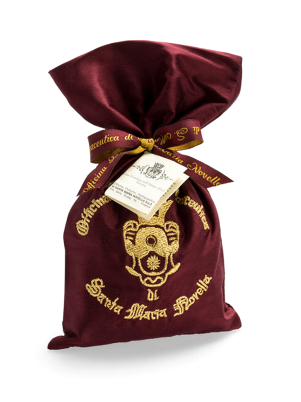 A red embroidered silk bag with gold brand embroidery and a pot pourri inside, tied with a ribbon.