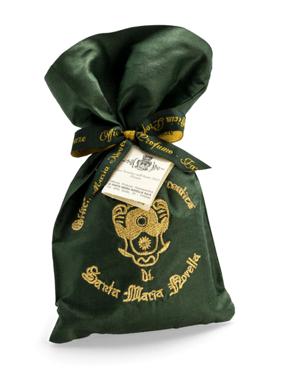 A green embroidered silk bag with gold brand embroidery and a drawstring closure, containing pot pourri.