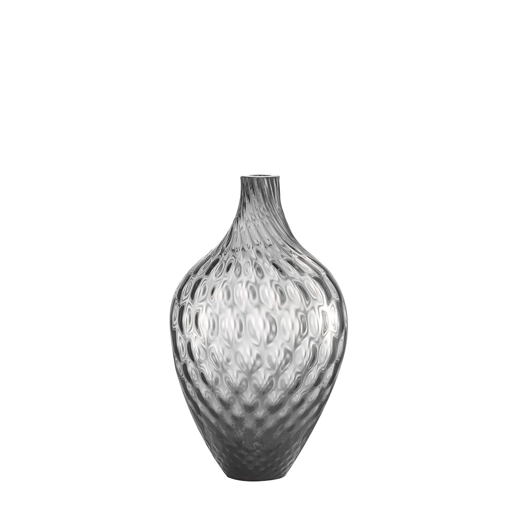 A gray Murano glass decorative vase with a distinctive textural pattern and a tapered silhouette.