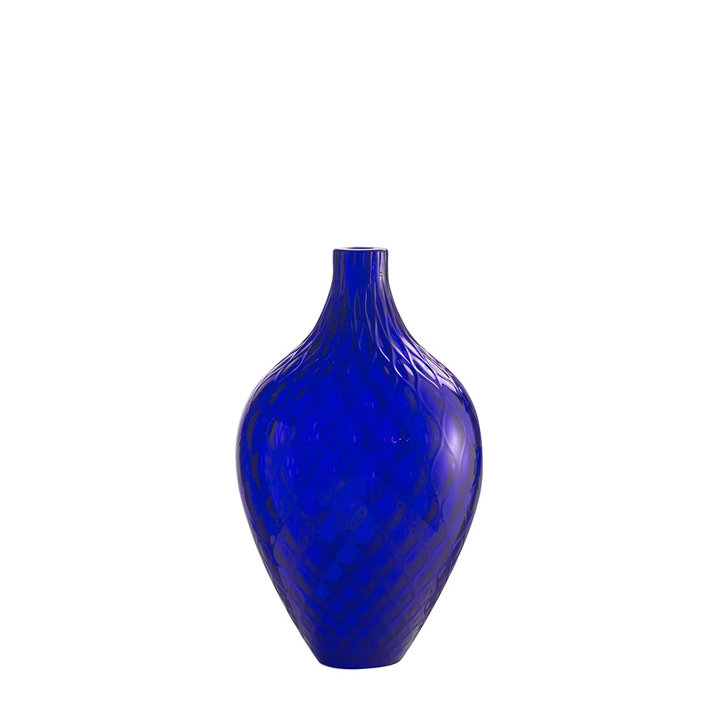 A blue Murano glass decorative vase with a textured surface, masterfully mouth-blown and featuring a bulbous shape tapering to a narrow neck.