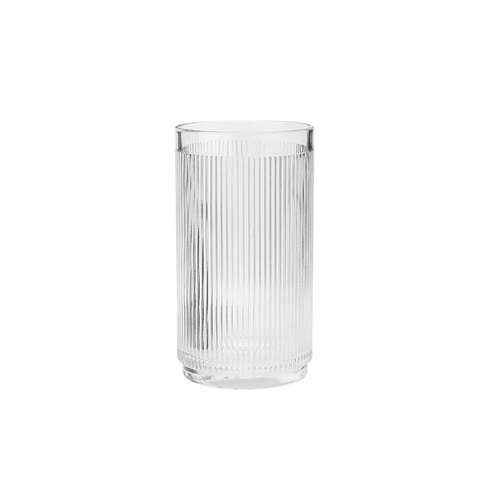 A clear glass highball with vertical ridges designed to hold ice or a beverage.
