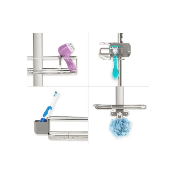 Simplehuman Over Door Shower Caddy-Stainless steel shower caddy with various bath products on a white background