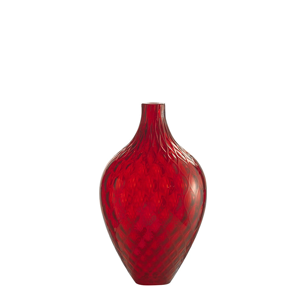 A red Murano glass vase with a traditional balloton texture and a narrow neck.