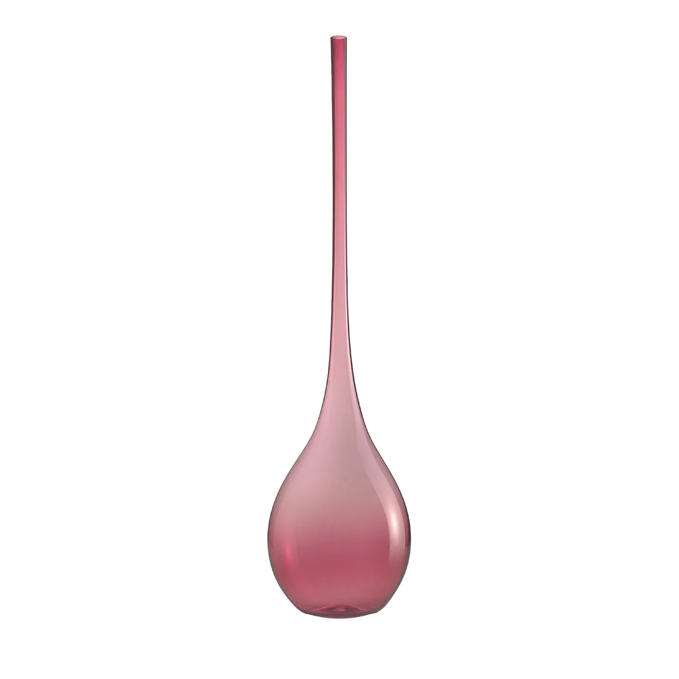 A tall, drop-shaped, ruby red Murano glass vase with a tapered neck.