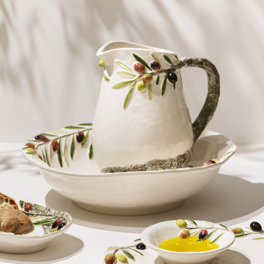 Bordallo Pinheiro Olival Salad Bowl-Ceramic pitcher and bowls with olive design on a white background