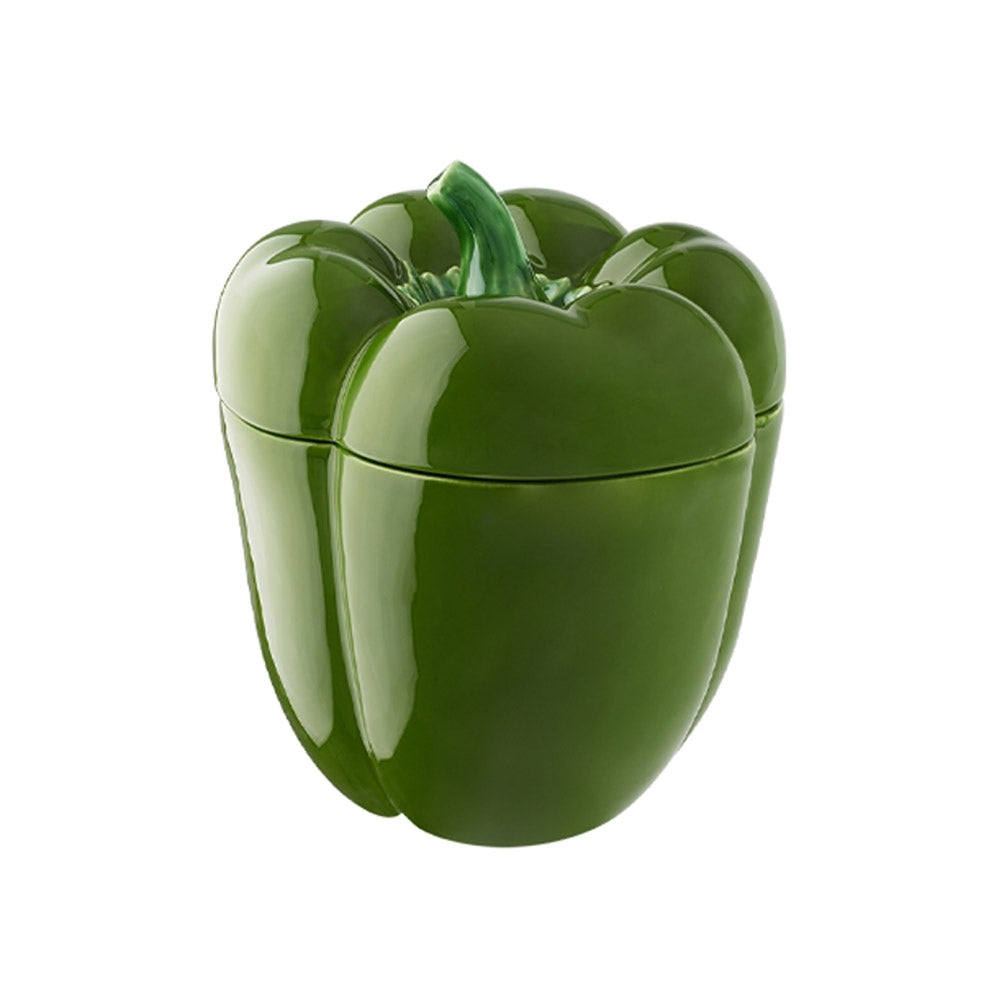 Green plastic pepper-shaped container on a white background