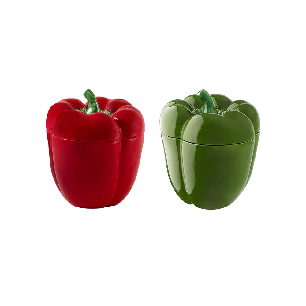 Red and green bell pepper-shaped containers on a white background