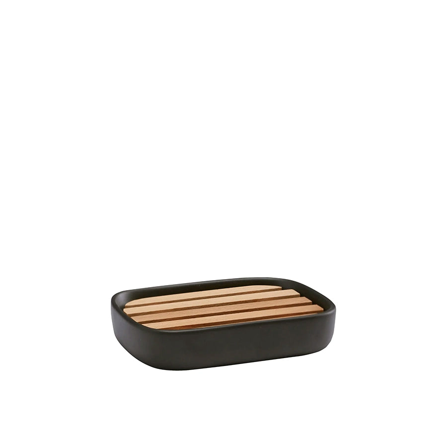 Black soap dish with wooden slats on a white background