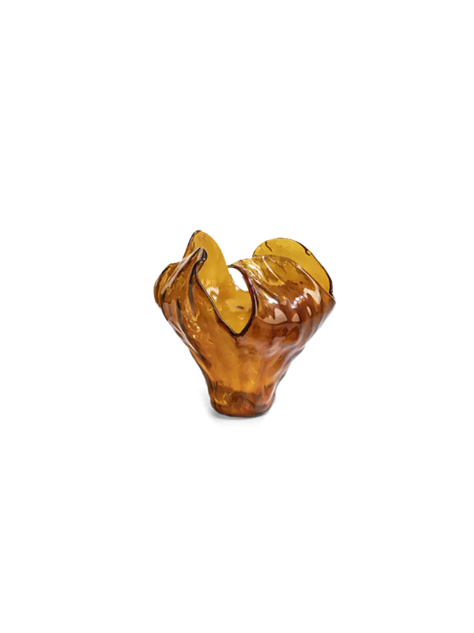 A heart-shaped amber glass candle holder against a black background.