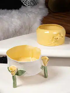 Flower Crafted Yellow Round Pot