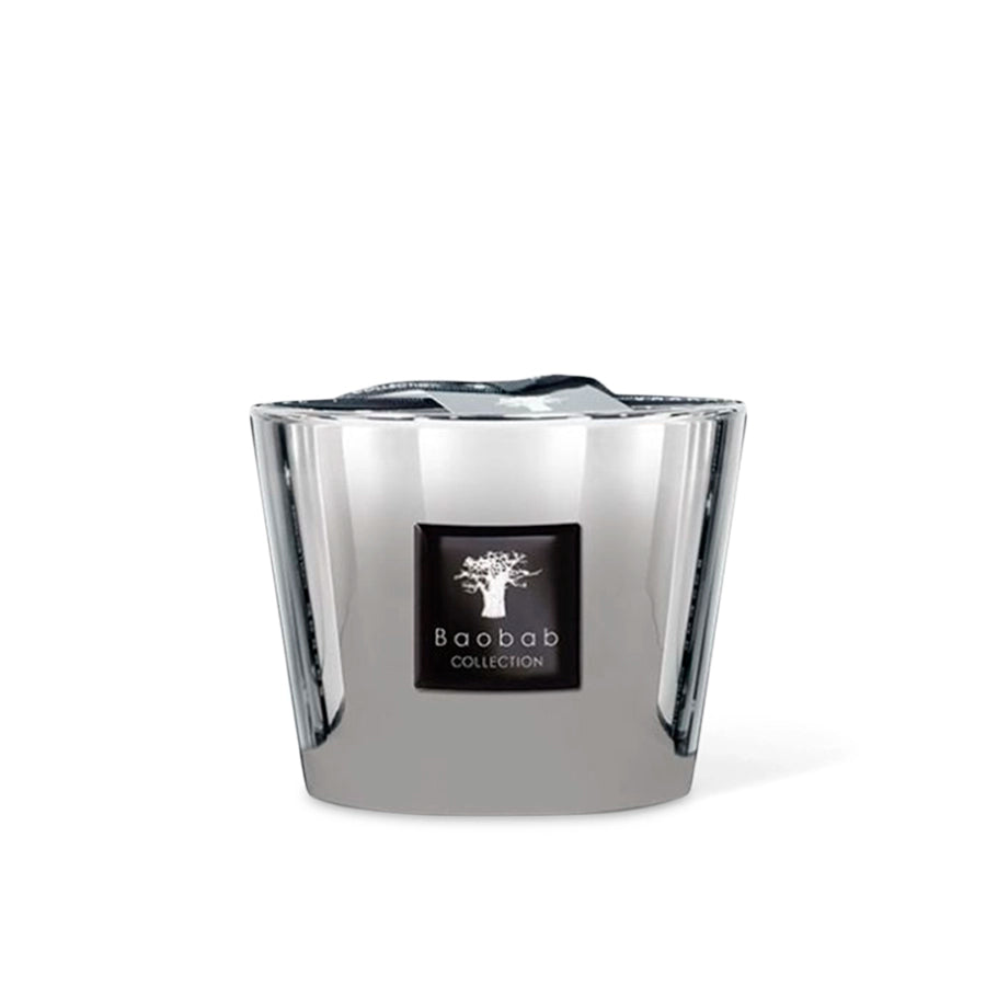 Silver candle holder with Baobab Collection logo on a white background
