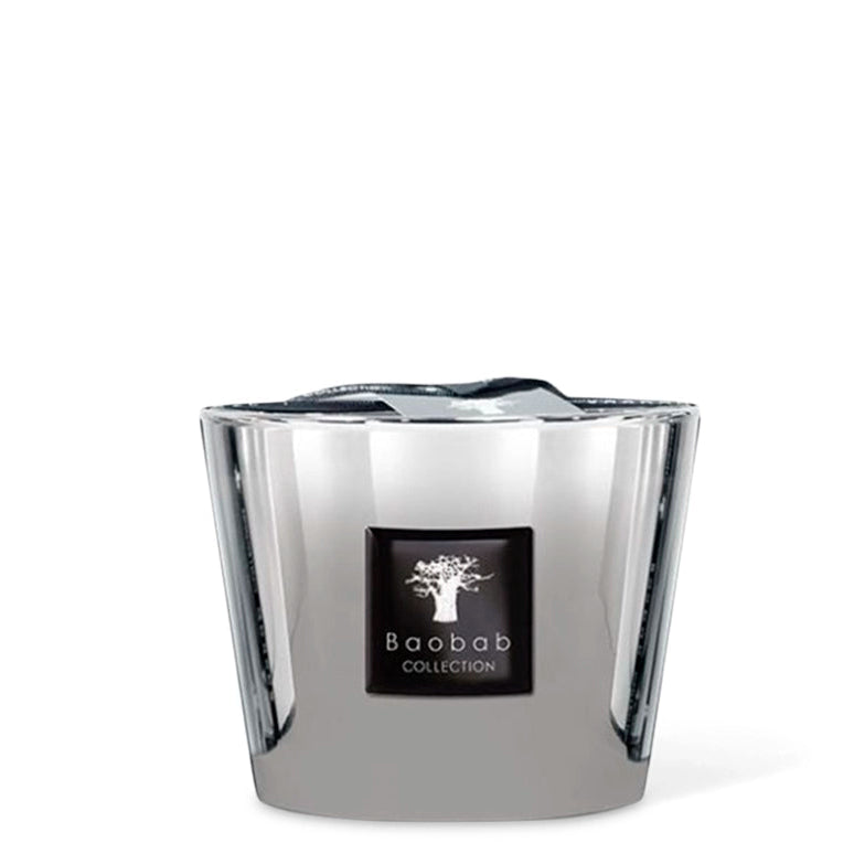 Silver candle holder with Baobab Collection logo on a white background