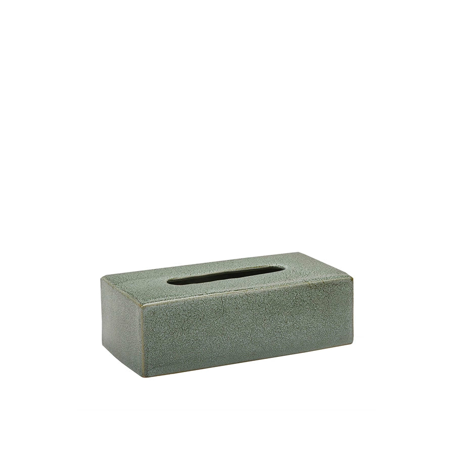 Rectangular green ceramic tissue box on a white background