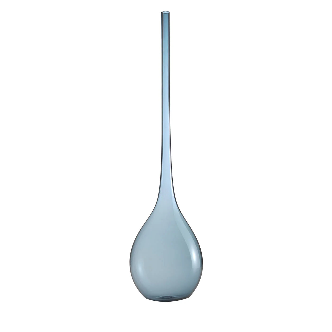 A sleek, air force blue Murano glass vase with a dramatically elongated neck.