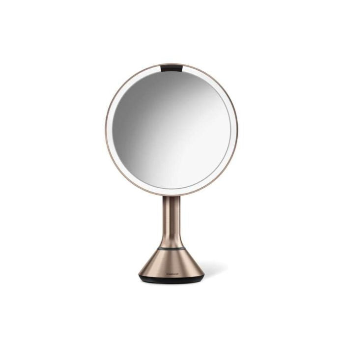 simplehuman Round Sensor Mirror Round makeup mirror with a metallic base on a white backgrounddresser-with-mirror-uae-beauty-lounge-dressing-table-mirror-dubai-luxury-vanity-wall-mirror-for-dubai-bedrooms