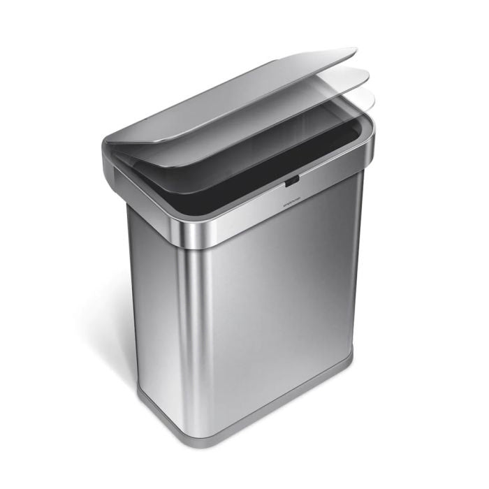 simplehuman Voice and Motion Sensor Bin, Rectangular-Silver trash can with a lid on a white background