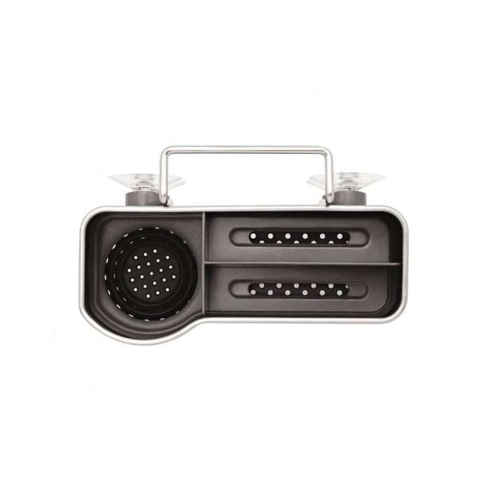 Simplehuman Sink Caddy-Black kitchen sink strainer with three compartments on a white background