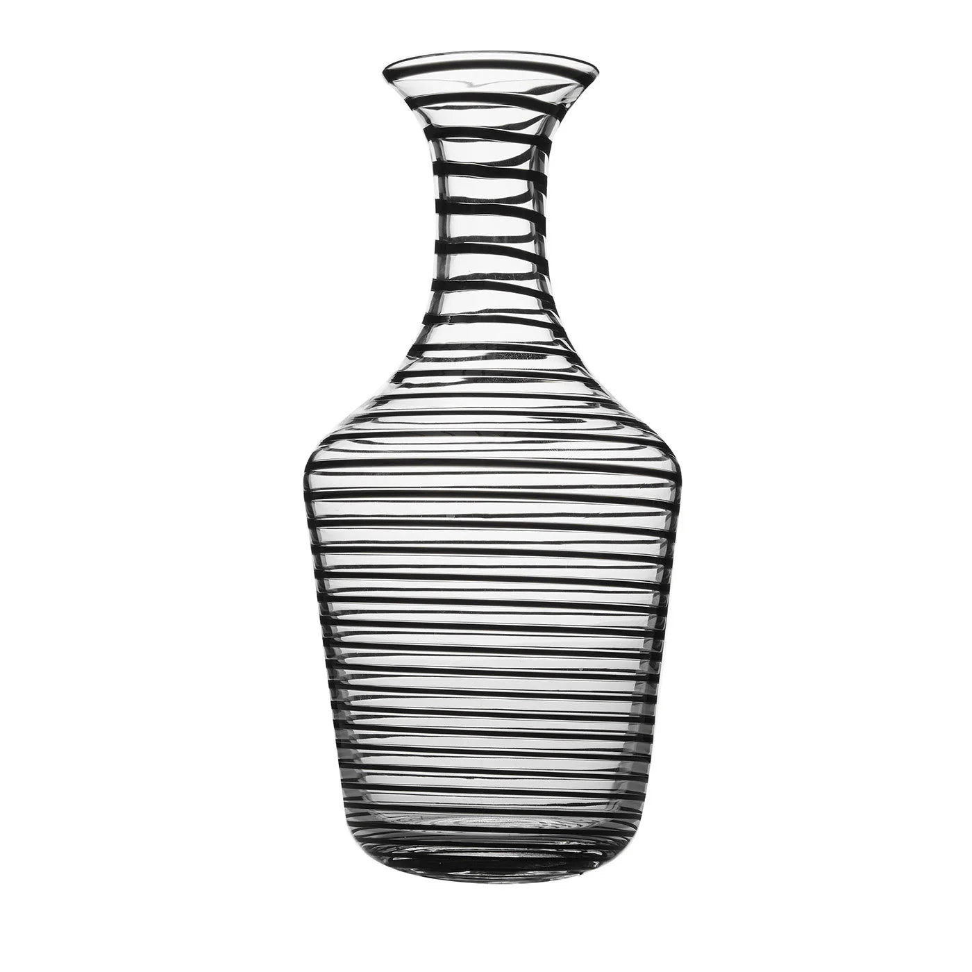 A clear glass pitcher with a pattern of embossed black lines twisting around its surface.