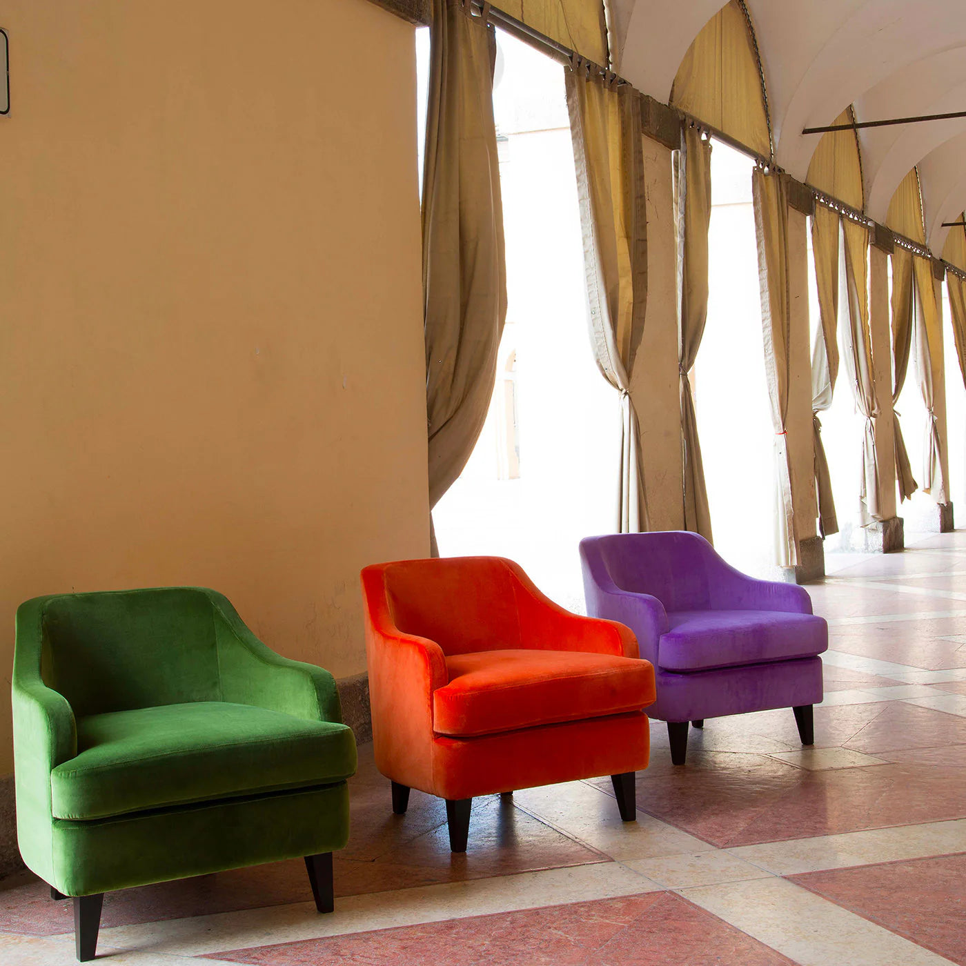 three Luxury orange, green and purple armchairs – modern accent chair available at Ashop UAE