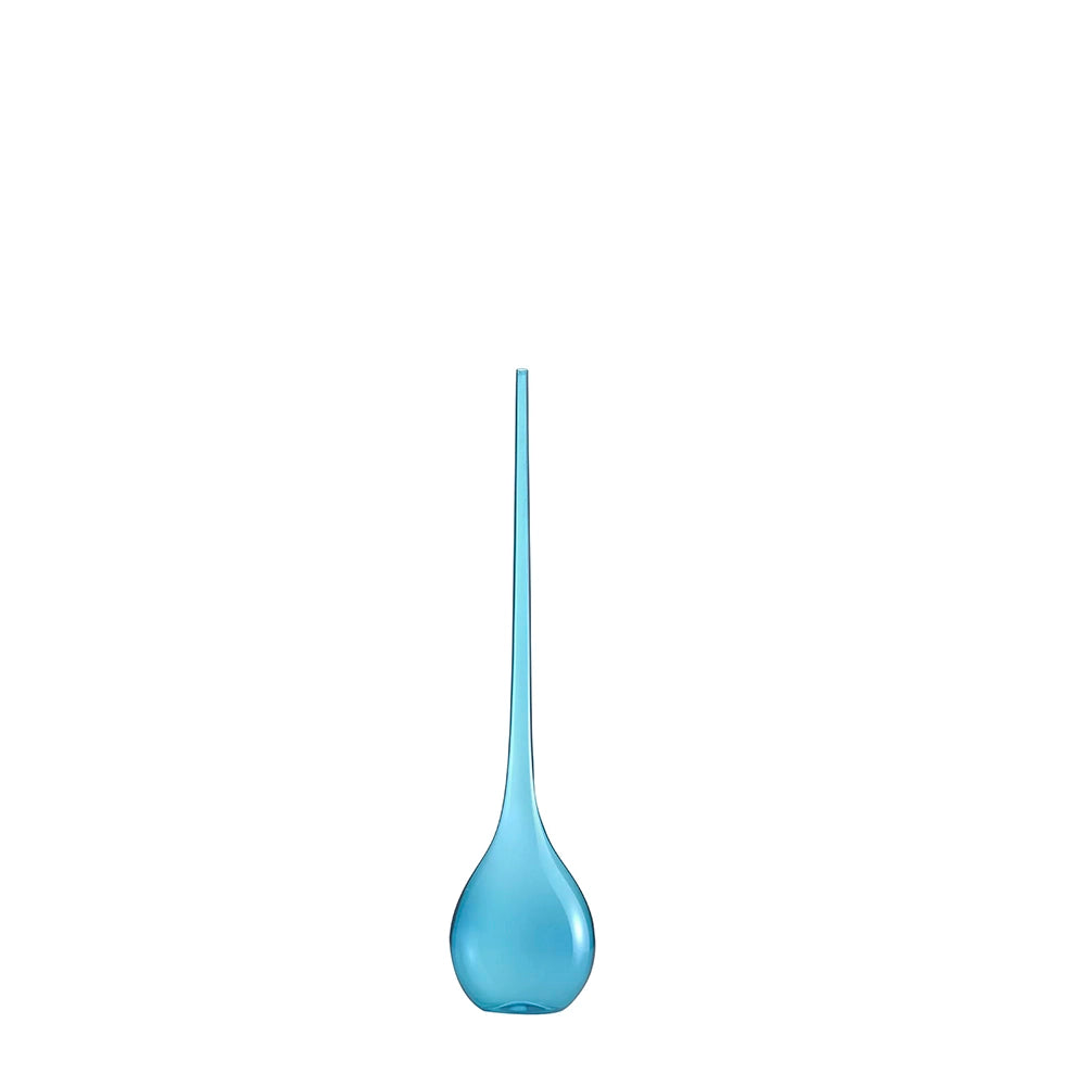A blue, drop-shaped Murano glass vase with a narrow neck, isolated on a white background.
