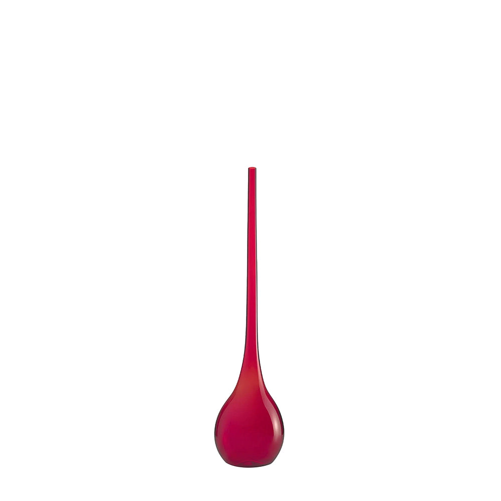A bright-red, drop-shaped Murano glass vase with a dramatically tapered and elongated neck.
