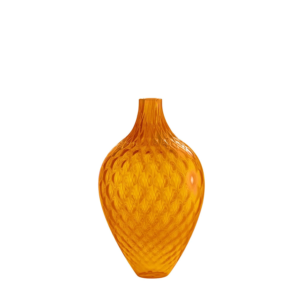 A tangerine orange Murano glass decorative vase with a bulbous silhouette and narrow neck, featuring a geometric pattern.