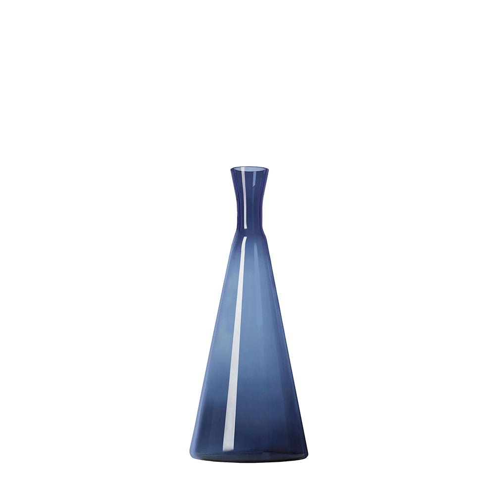 A mouth-blown glass decorative bottle in Air-Force blue hue with a conical silhouette and a long neck.