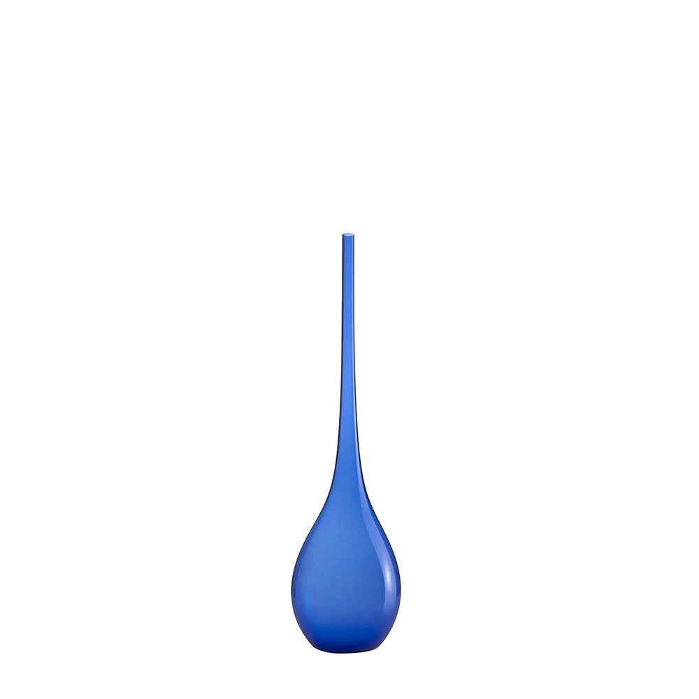 A vibrant blue, drop-shaped Murano glass vase with a long and tapered design, part of the Bolle Collection.