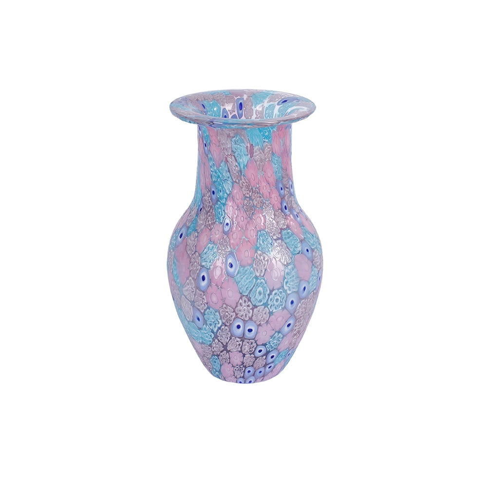 A handcrafted Murano glass vase with a sinuous silhouette, featuring pastel blue and pink hues and 24kt gold leaf embellishments.
