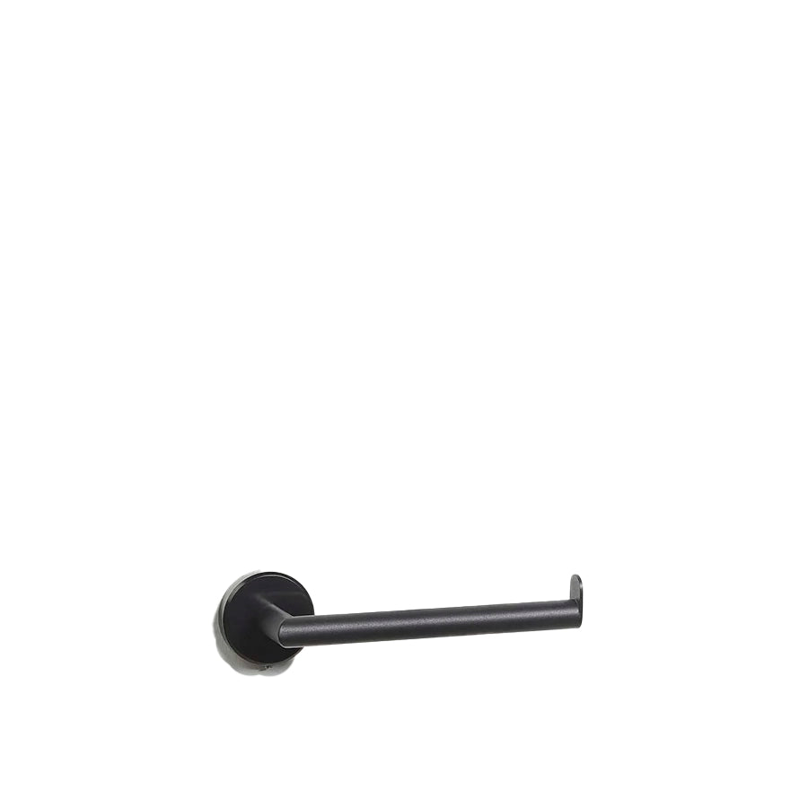 Black wall-mounted towel holder on a white background