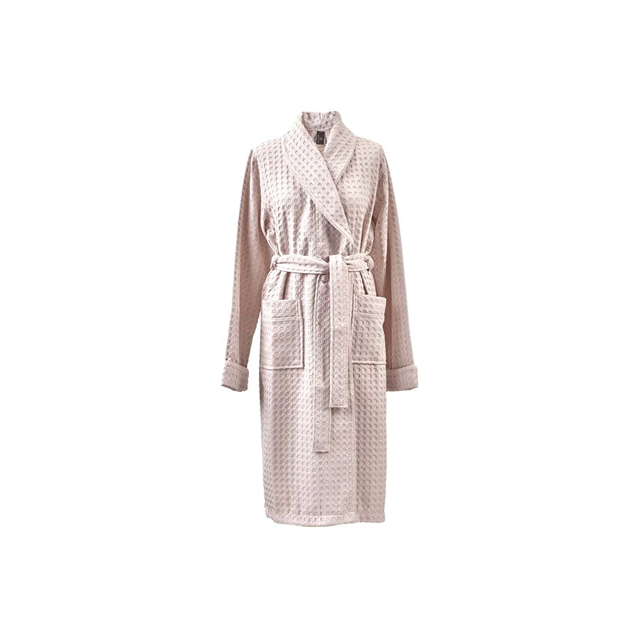 Beige waffle-textured robe on a white background